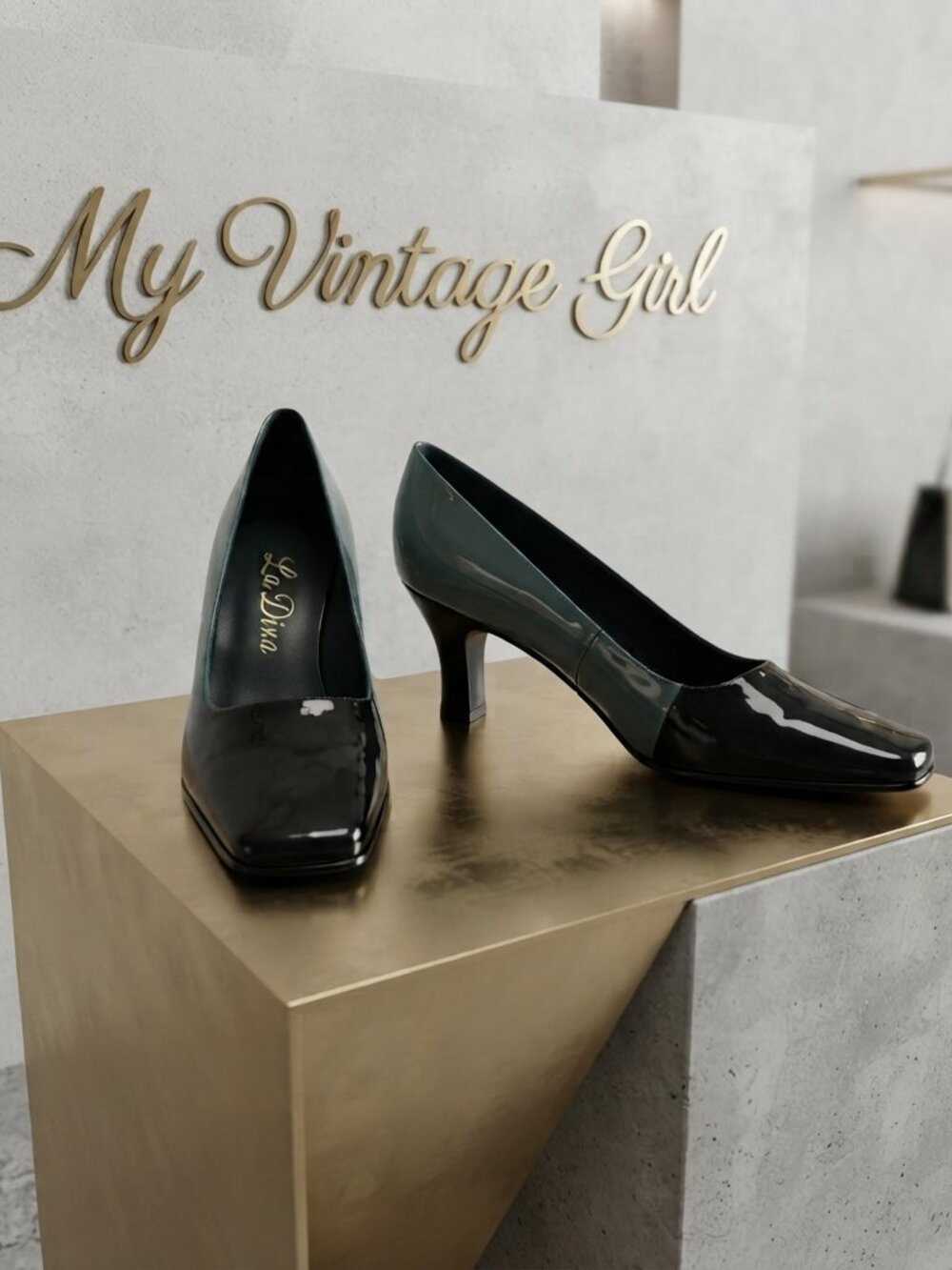 La Diva Two-Tone Patent Block-Heel Italian Pumps
